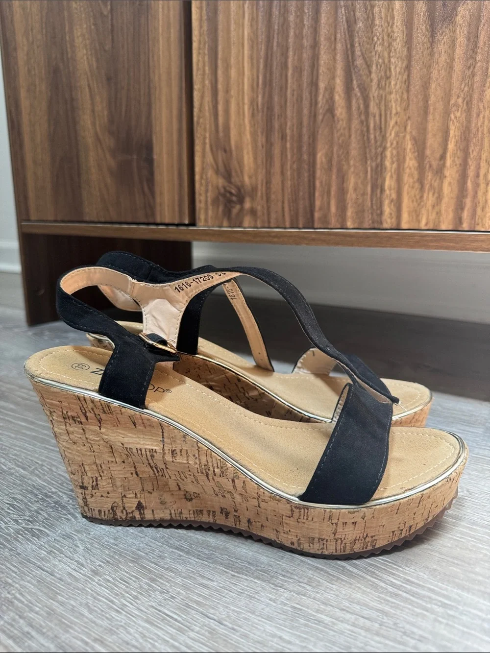 Black Cork Platform Wedge Sandals - Women's Strappy Heels
